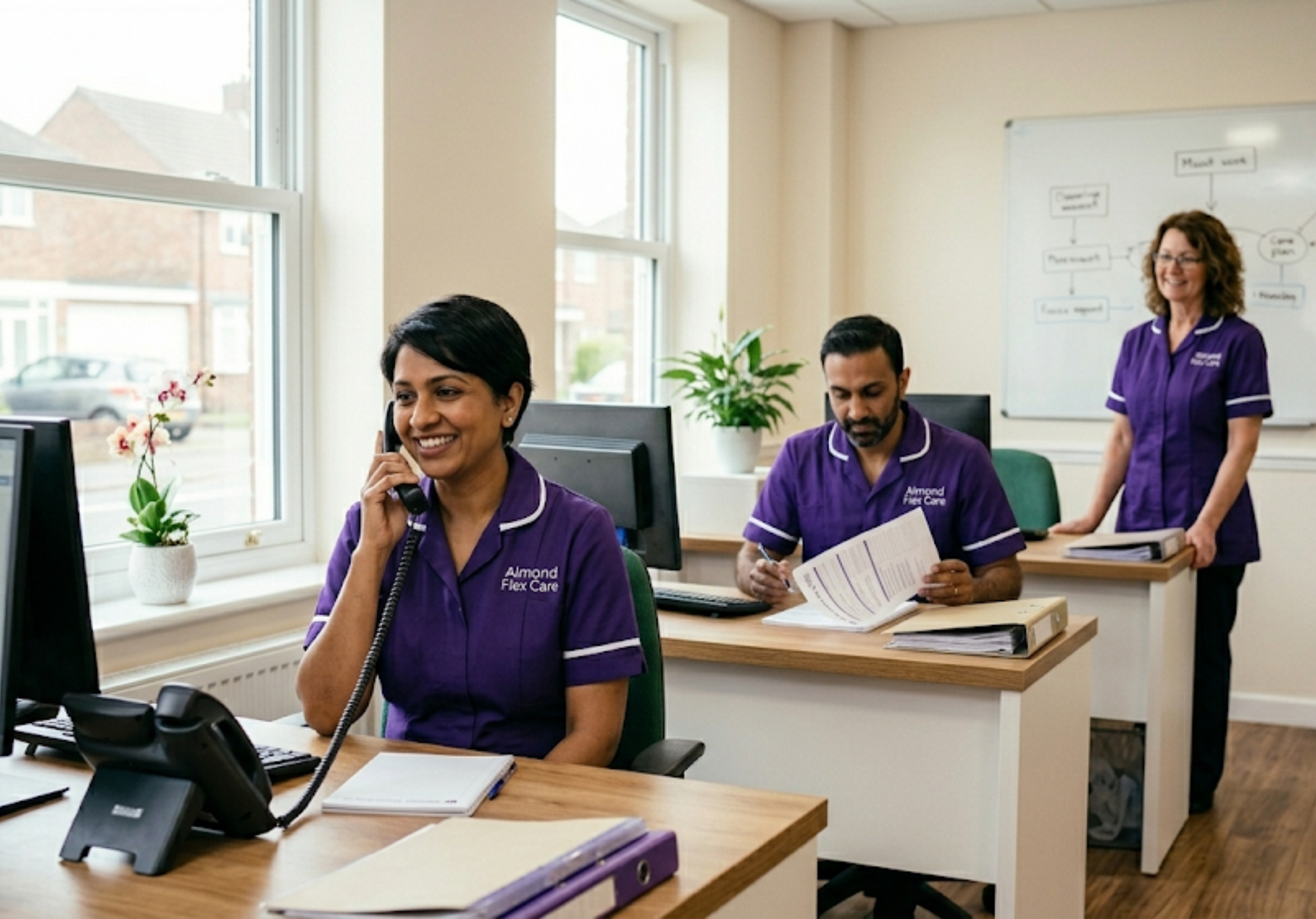 The Almond Flex Care team working in their Durham office — coordinators in deep purple uniforms representing the professional team